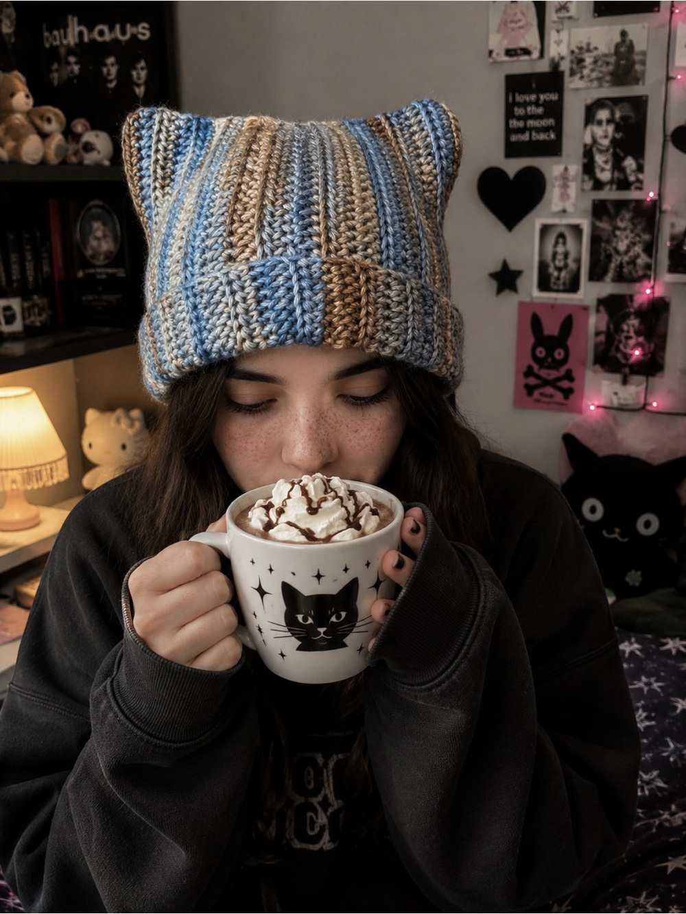 Handmade Crochet Cat Ear Beanie Blue Tan Striped Kitty Hat Y2K